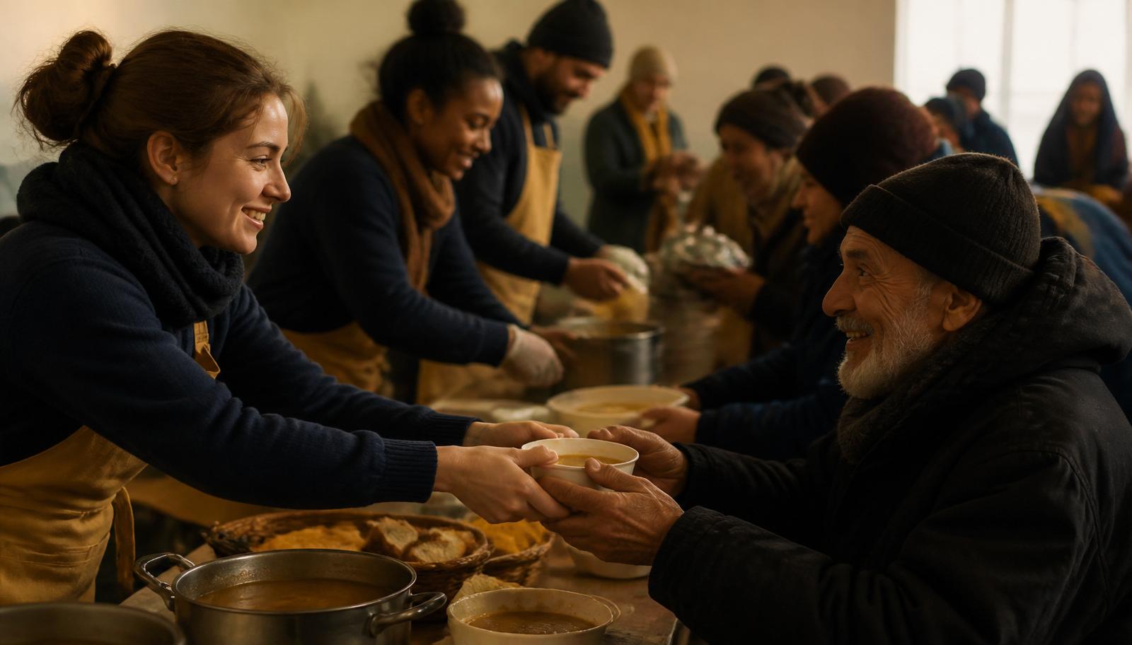 Volunteers handing warm food to people at a community shelter
