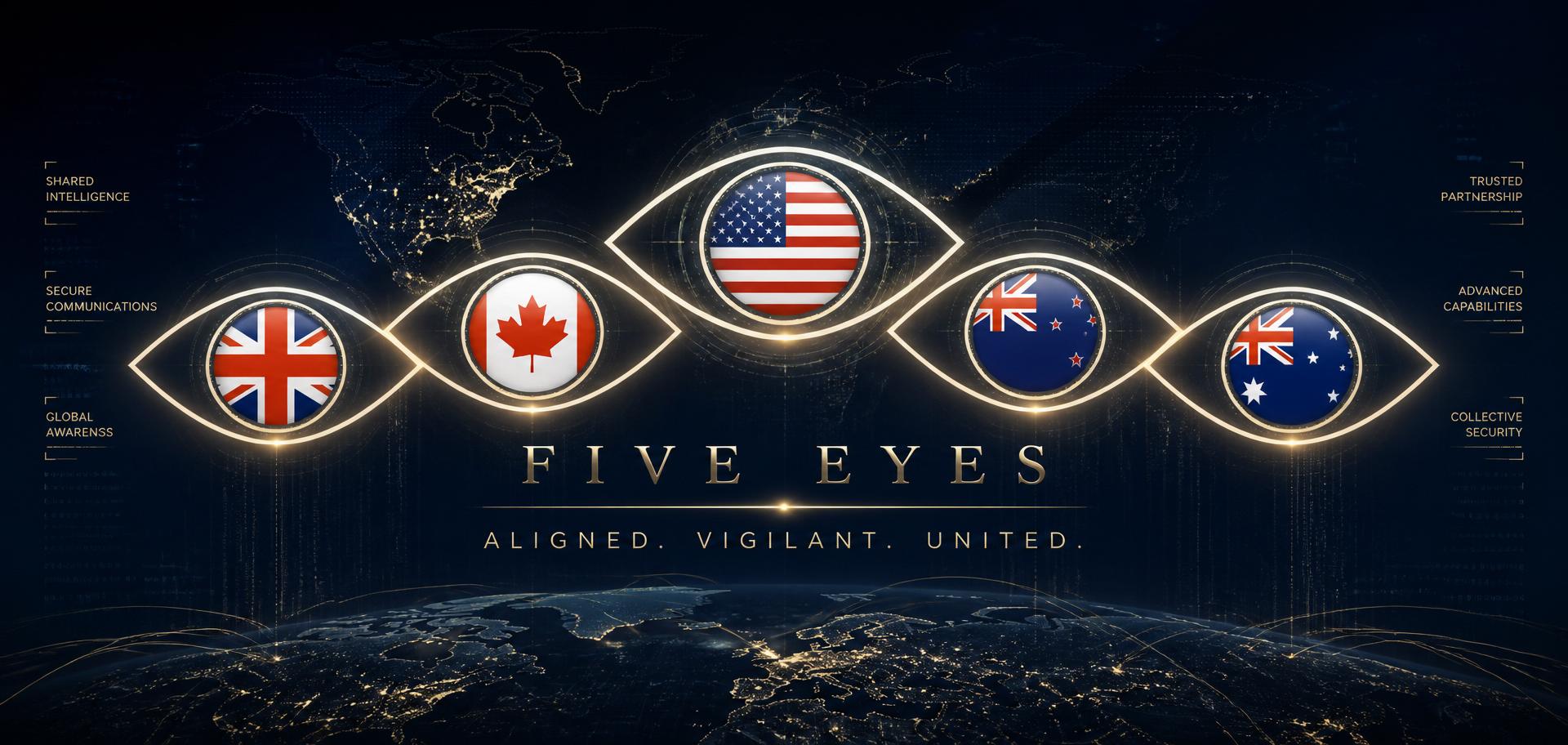 The Five Eyes alliance — United Kingdom, United States, Canada, New Zealand and Australia flags inside glowing eye shapes