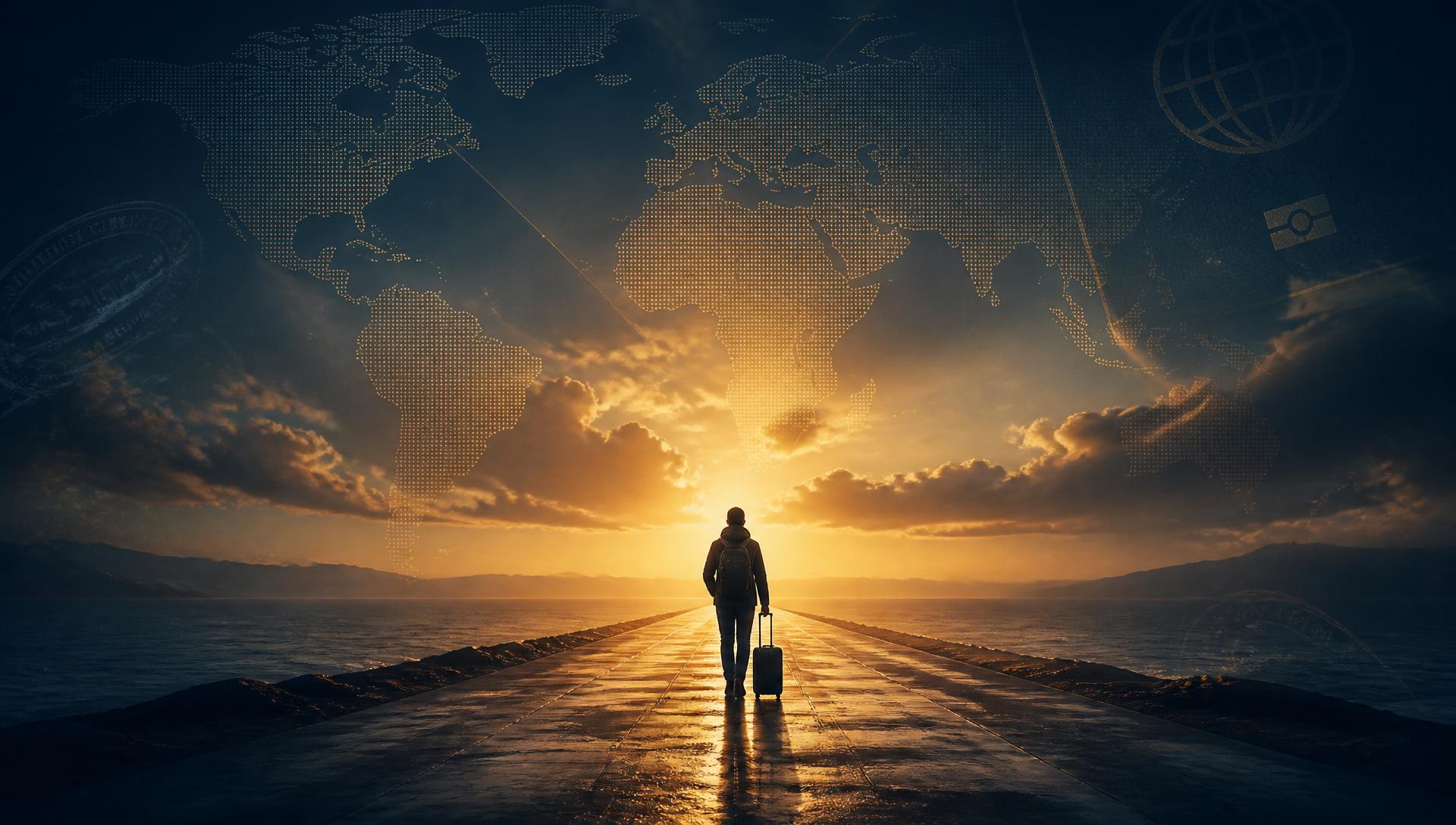 A traveler walking toward the horizon at dawn over a world map